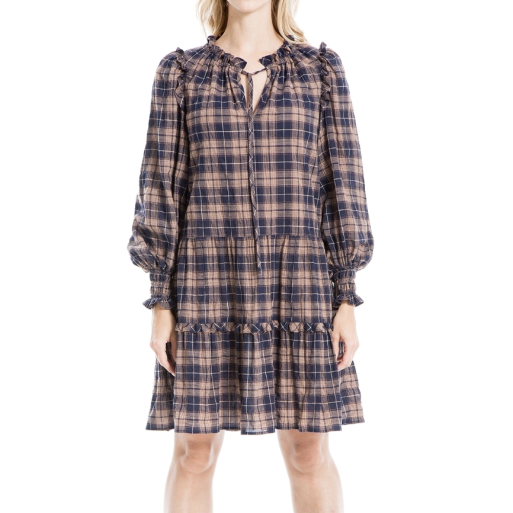 Max Studio Plaid Ruffle Peasant Dress